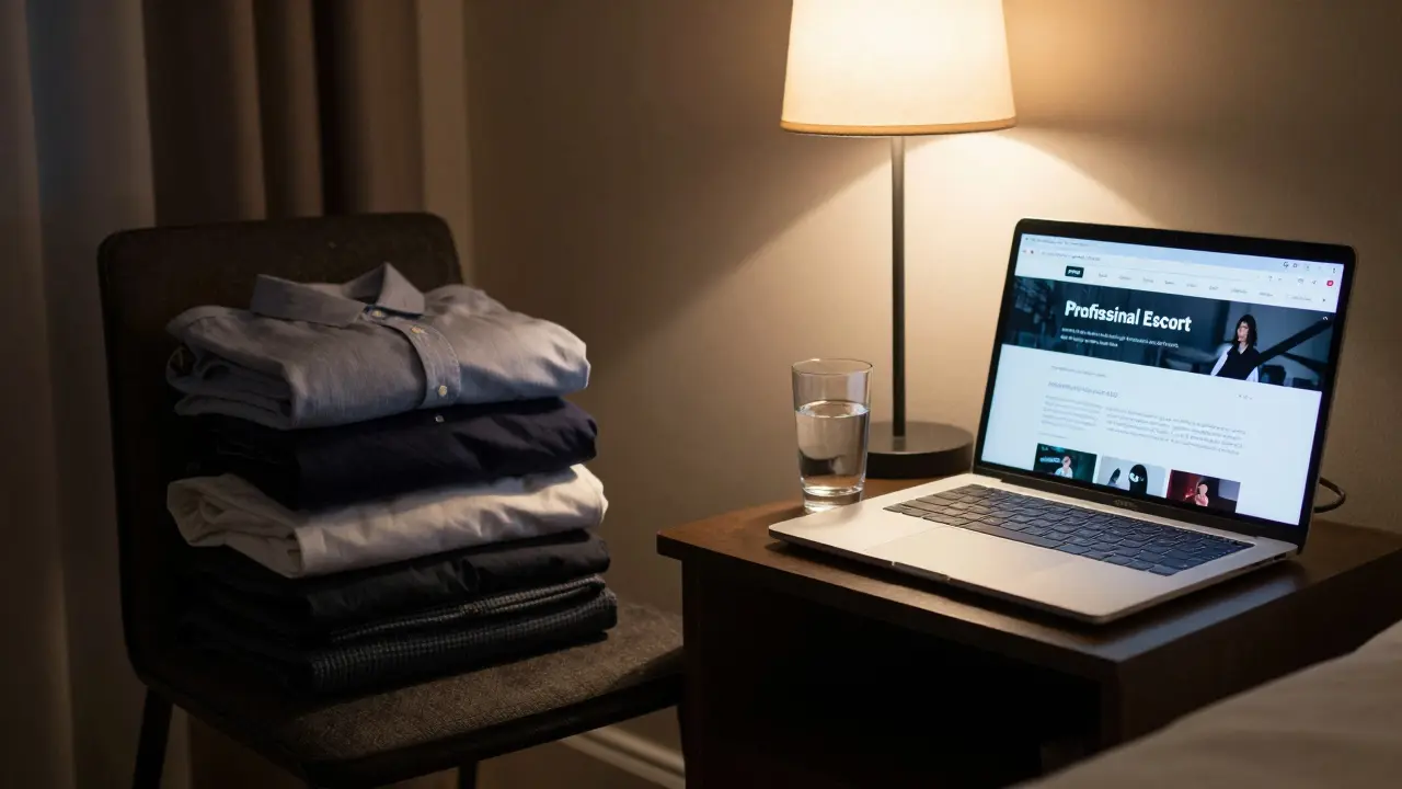 A hotel room in London prepared for an escort appointment, with clothes folded and a laptop showing a professional profile.