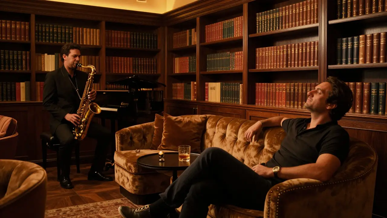 A jazz musician performs in a cozy, book-lined lounge with warm lighting and attentive listeners.