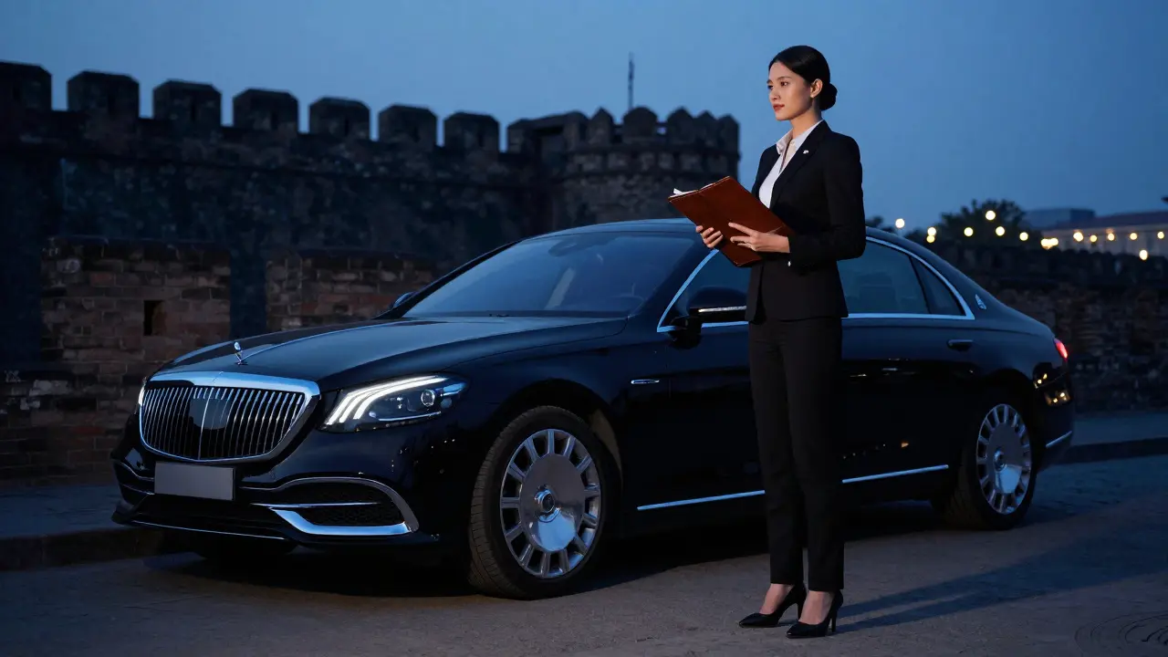 A luxury car parked near a historic fort at dusk, symbolizing discreet companionship services.