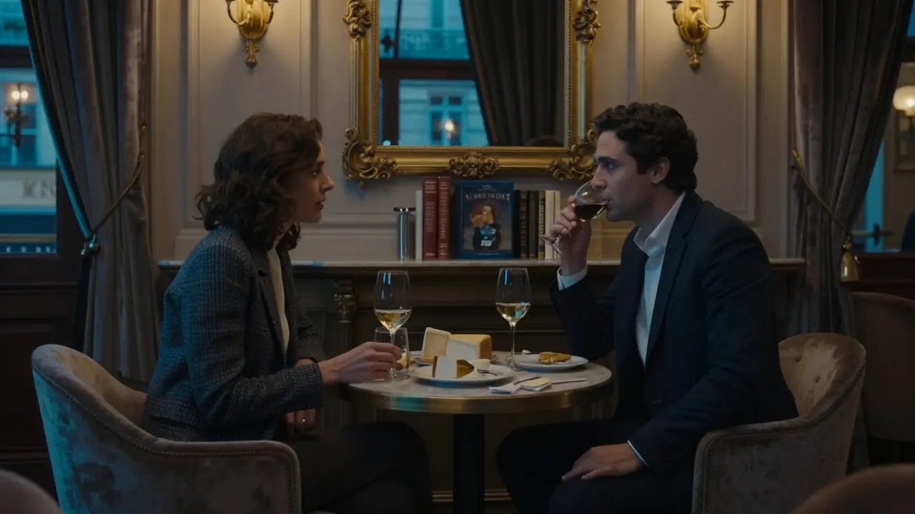 A man and woman having a quiet, respectful conversation over wine in a luxurious Parisian hotel lounge.