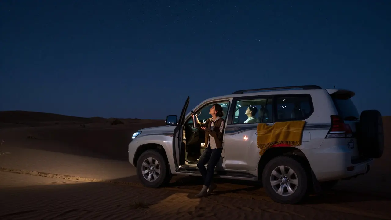 A man and woman sitting in a desert SUV at night, gazing at the stars under a blanket, the sky filled with constellations.