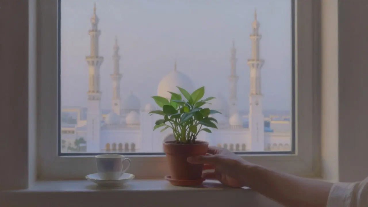 A potted plant on a windowsill with mosque silhouettes in the distance, symbolizing quiet thoughtfulness and dignity.