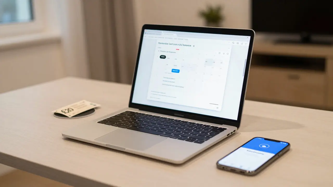 A professional escort's workspace in a London apartment, displaying verified reviews and secure payment confirmation.