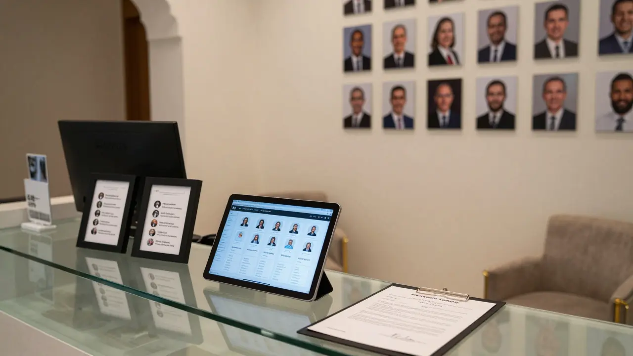 A professional escort agency's office with verified client profiles displayed on a tablet and signed service agreement.