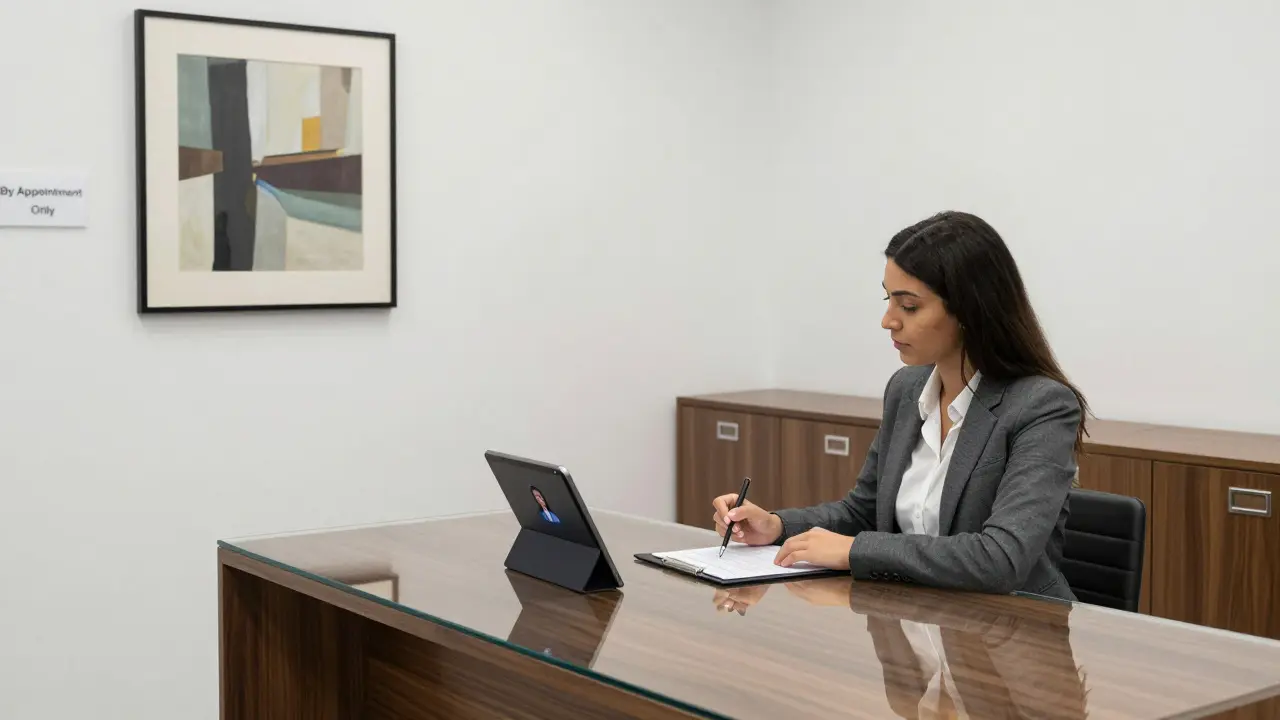 A professional woman reviewing a confidential client profile in a minimalist, upscale agency office in Khalifa City.