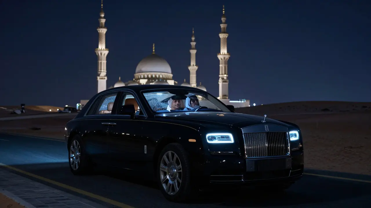 A Rolls-Royce driving through the desert at night with the Grand Mosque glowing softly in the distance.