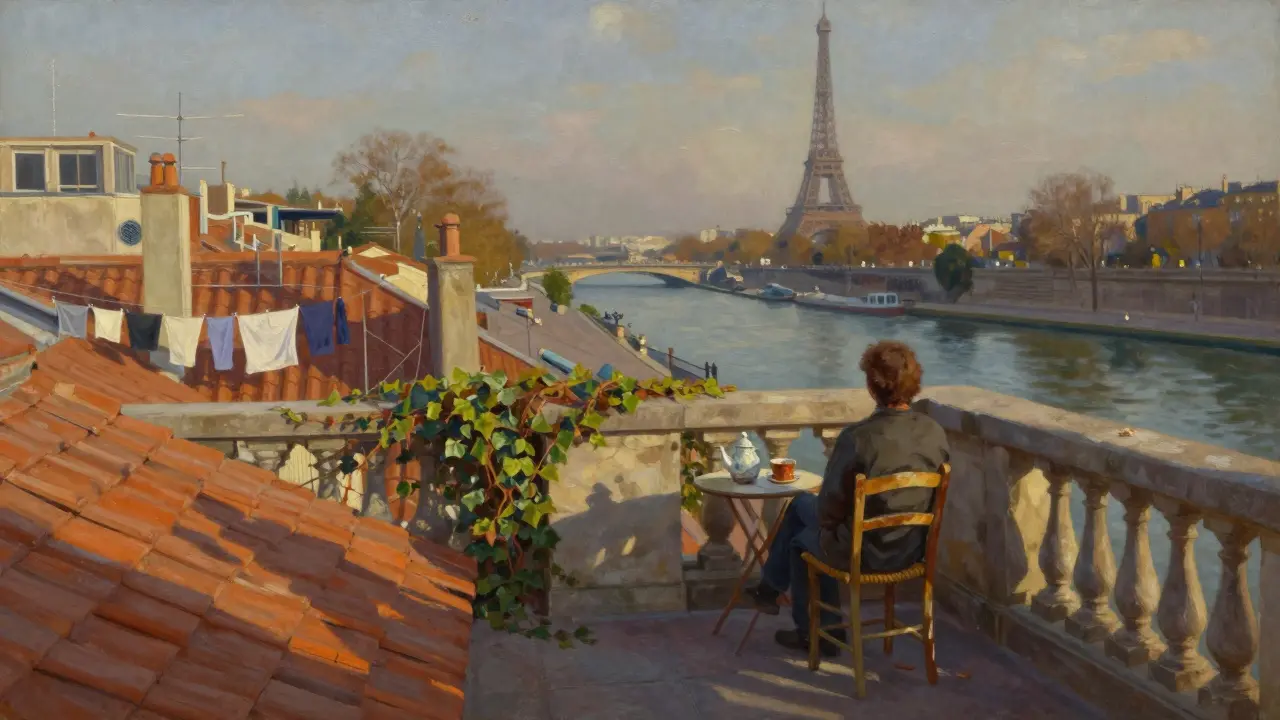 A solitary figure sits on a hidden rooftop terrace overlooking Canal Saint-Martin and the Eiffel Tower, teapot beside them.