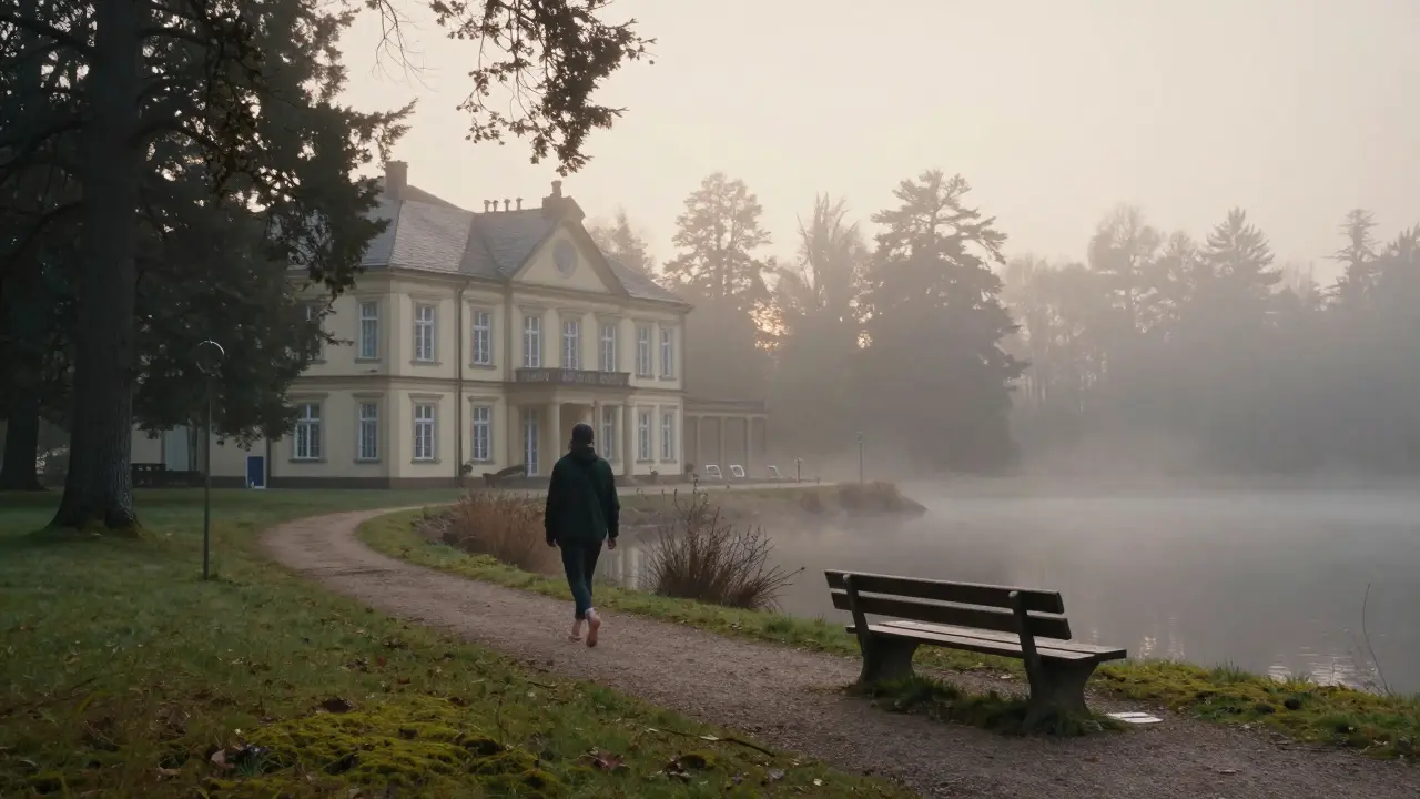 A solitary figure walking at dawn beside a lake at a secluded manor house, surrounded by mist and pines.