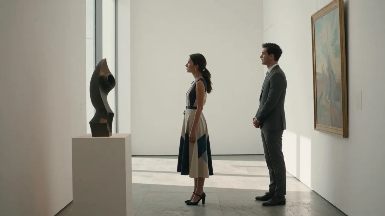A sophisticated companion and client observing art in a quiet gallery corridor at Louvre Abu Dhabi, exuding calm elegance.