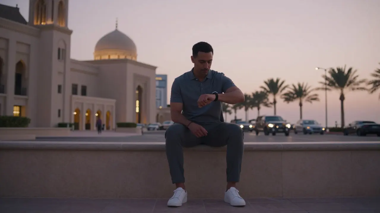 A well-dressed man waits patiently outside a luxury building in Abu Dhabi at sunset, embodying respect and punctuality.