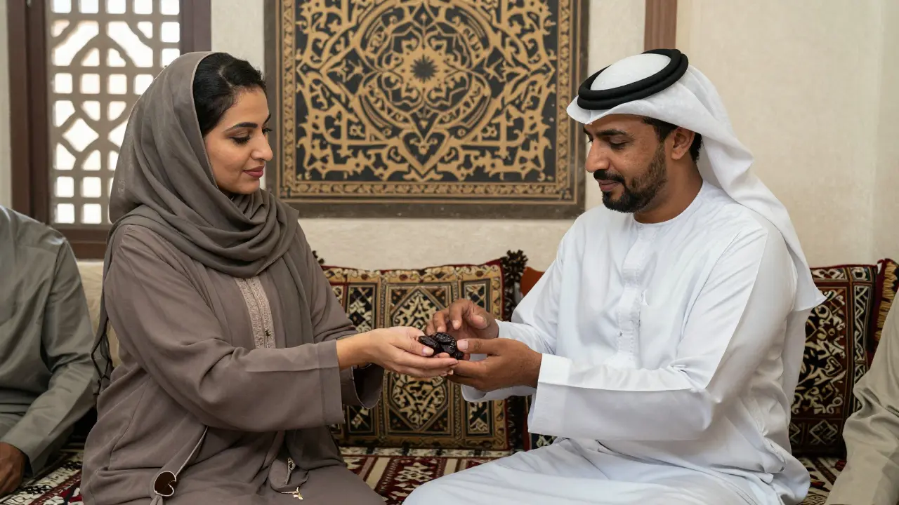 A woman guiding a man’s hand in a traditional Emirati setting, teaching cultural etiquette with quiet grace.