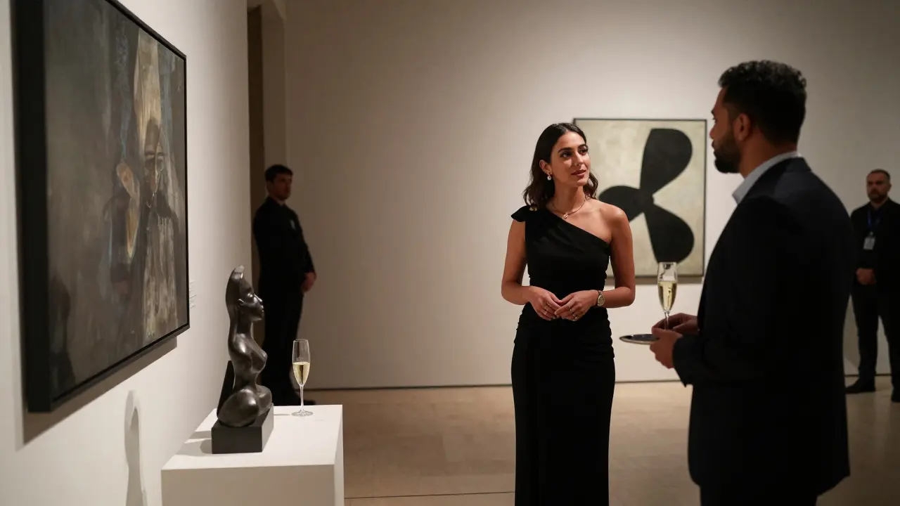 A woman in an elegant gown conversing with a client at a private art gallery event in Abu Dhabi.