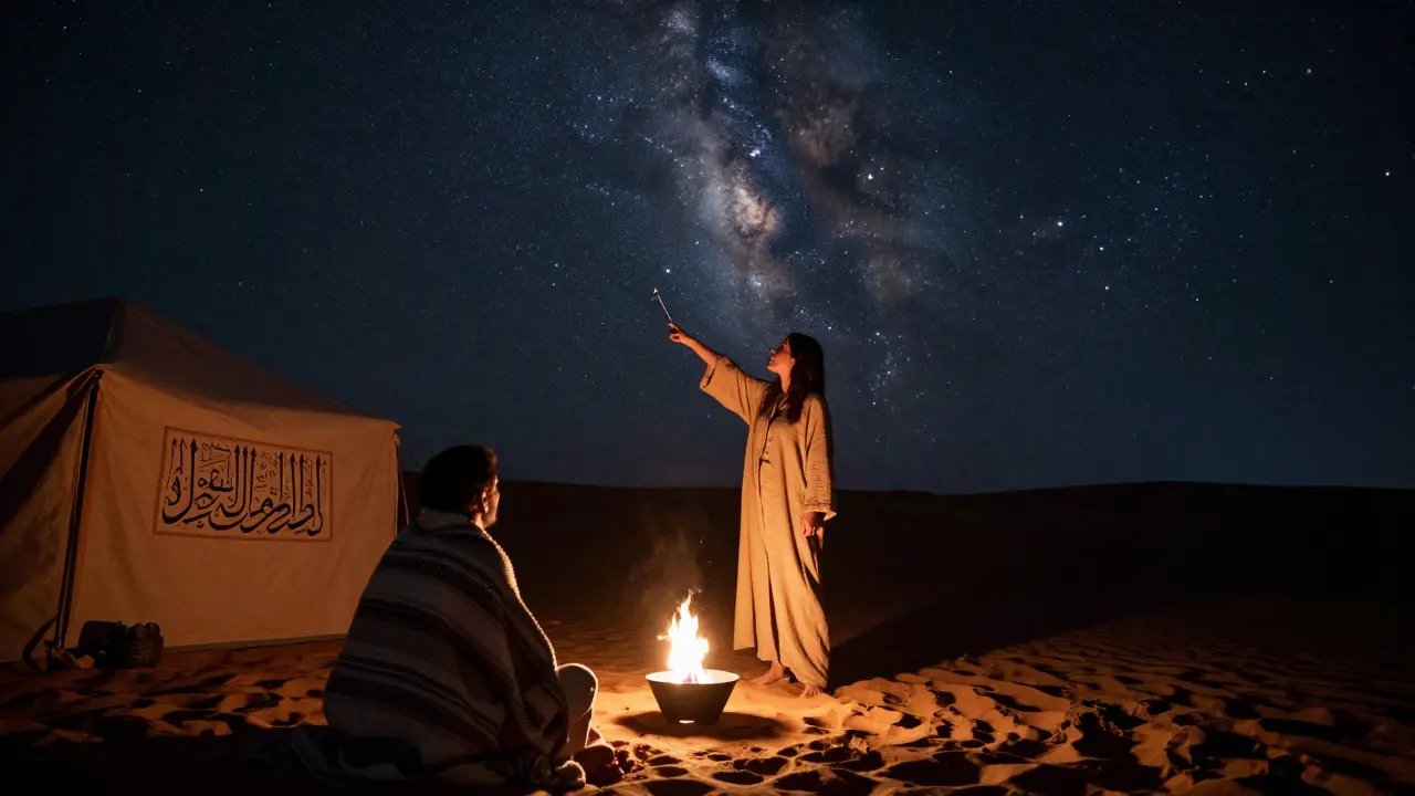 A woman pointing to stars in a desert camp at night, sharing knowledge with a client under the Milky Way.