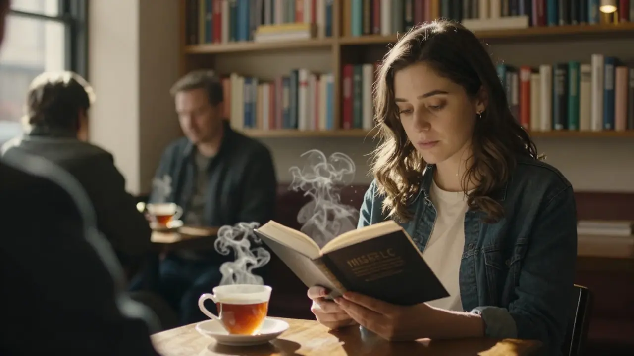 A woman reads aloud to a companion in a cozy London café, tea steaming between them.