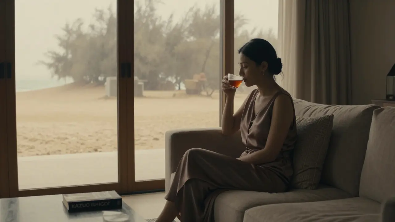 A woman sipping tea in a luxurious villa as a sandstorm passes outside, surrounded by books and soft light.