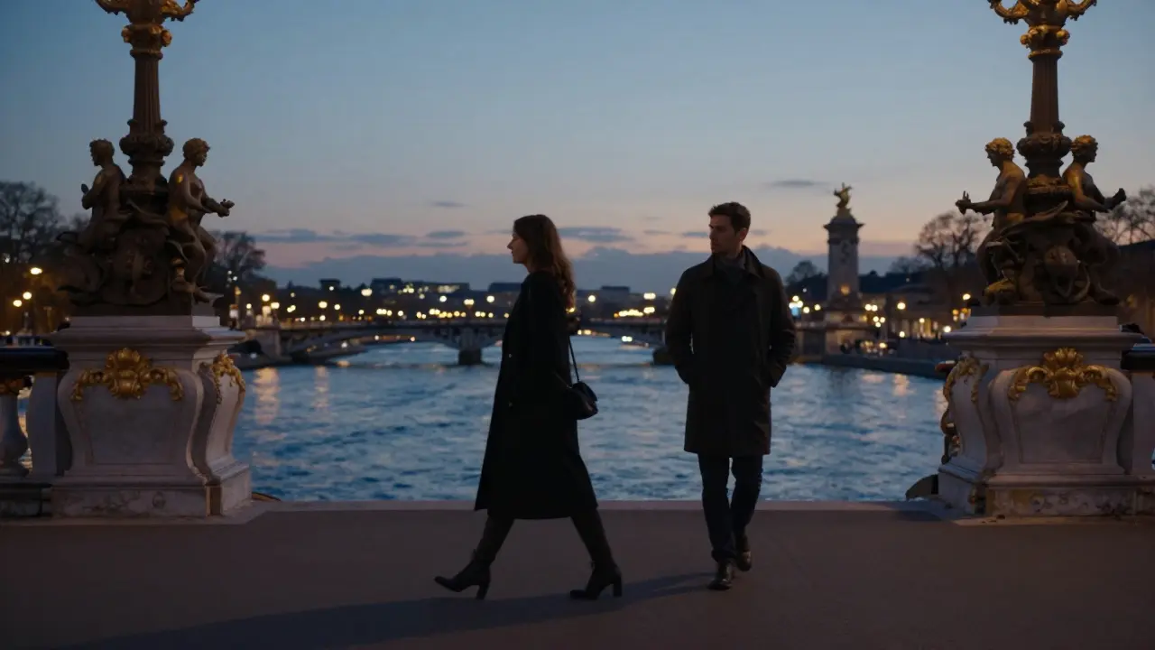 A woman walking alone along Pont Alexandre III at dusk, a man following respectfully behind.