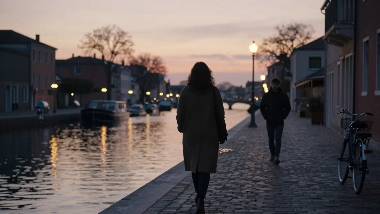 A woman walks alone along the Navigli canal at sunset, lanterns glowing on the water as a distant figure follows.