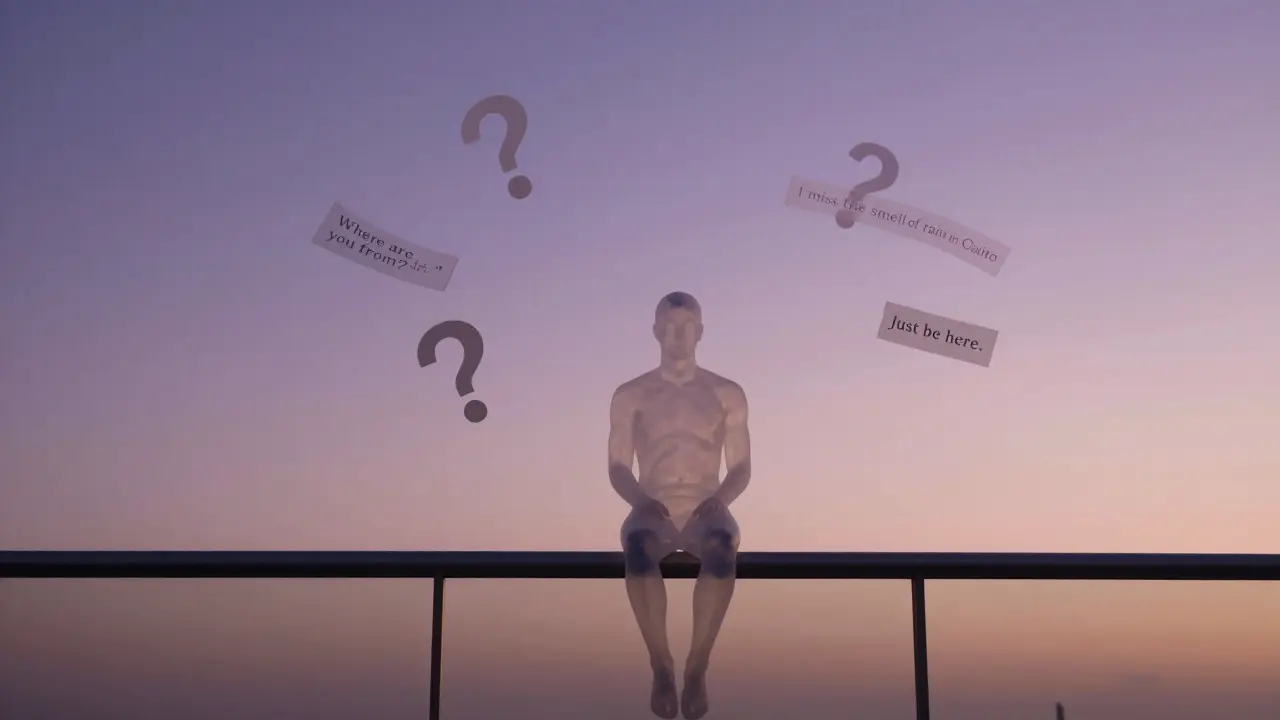 An abstract figure on a balcony at dusk, surrounded by floating words representing authentic human connection.