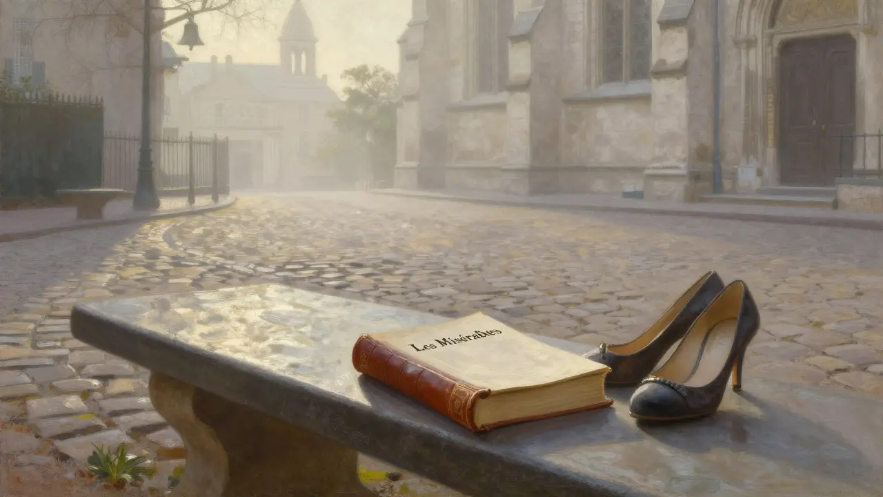 An empty Montmartre courtyard at dawn with an open copy of 'Les Misérables' on a stone bench.