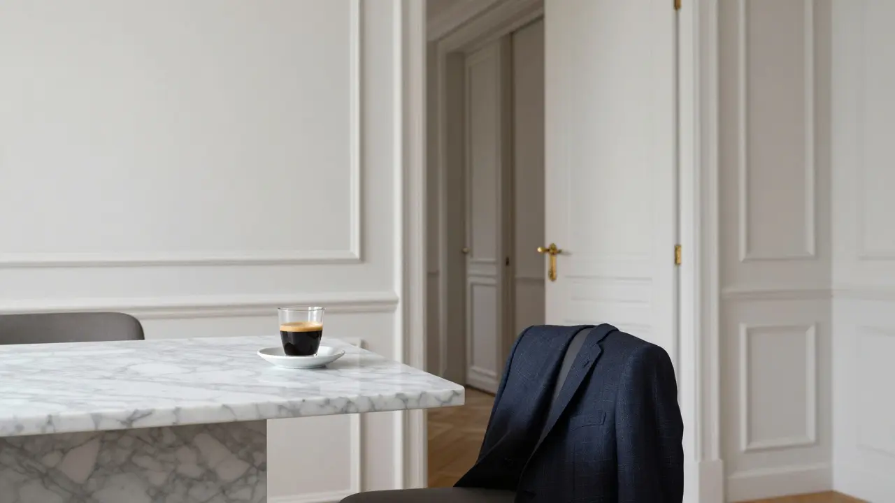 An empty Parisian apartment with payment on the counter and a jacket draped over a chair.