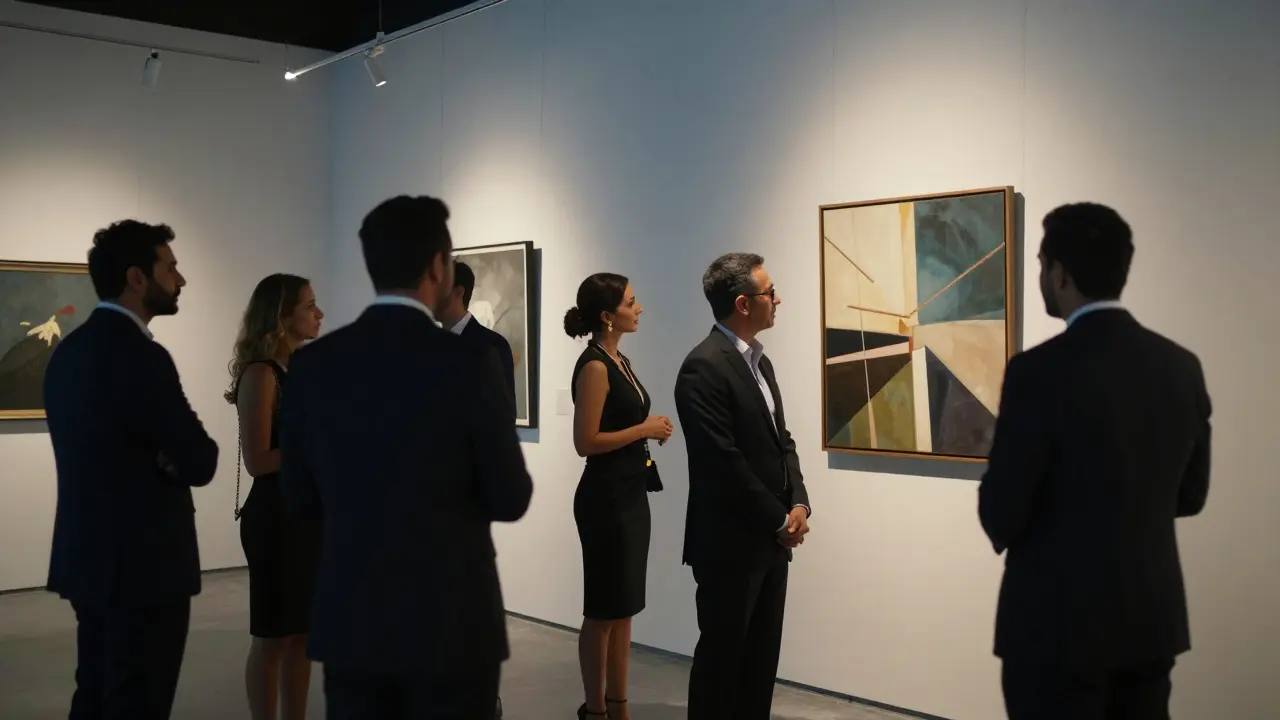 An escort and client viewing art at an exclusive gallery opening in Abu Dhabi, surrounded by elegant guests.