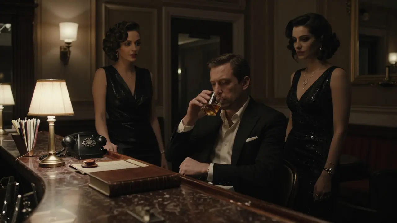 An exclusive Berlin lounge setting with a client and companion in a refined, discreet atmosphere, evoking elite privacy.