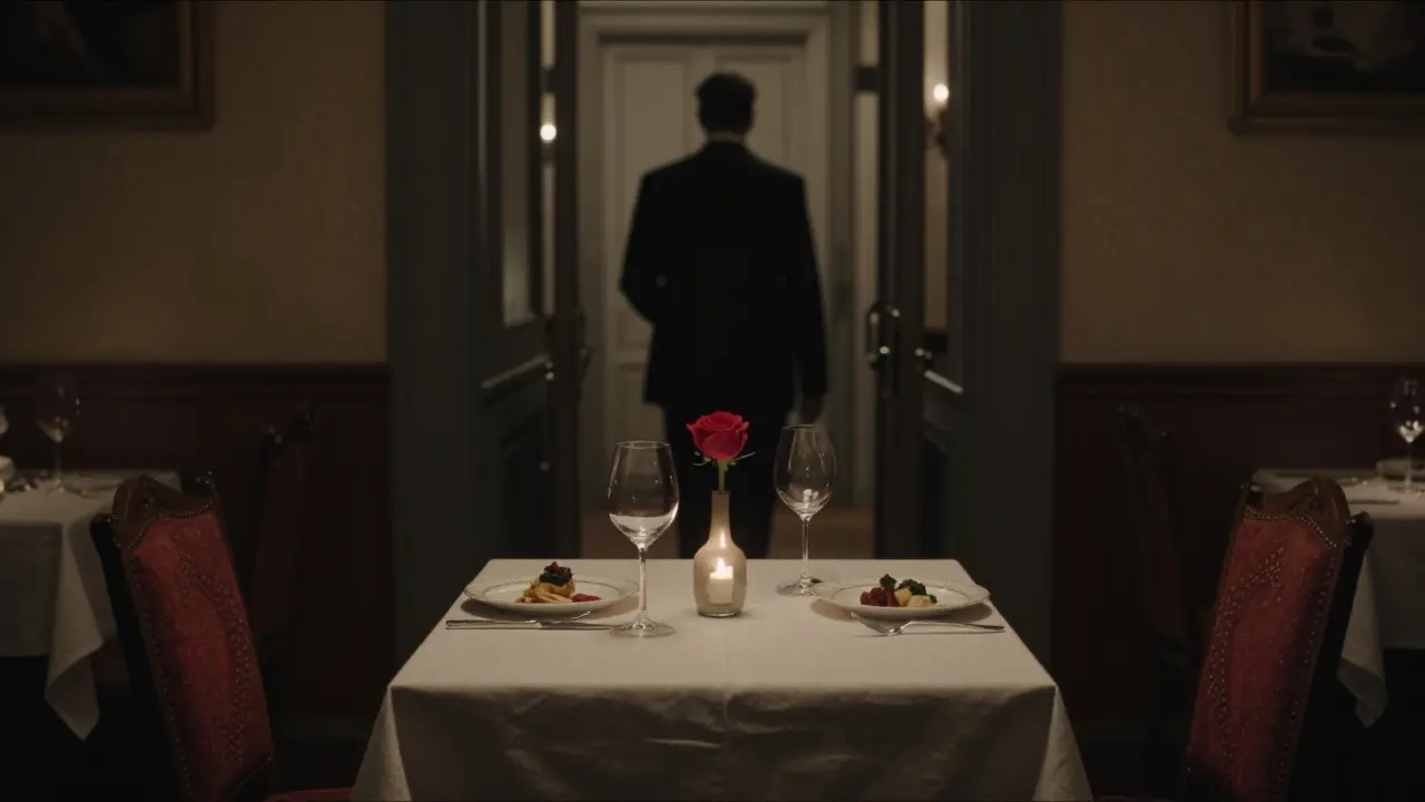 An intimate dinner setting in a Milan restaurant with wine glasses, a rose, and candlelight reflecting off silverware.