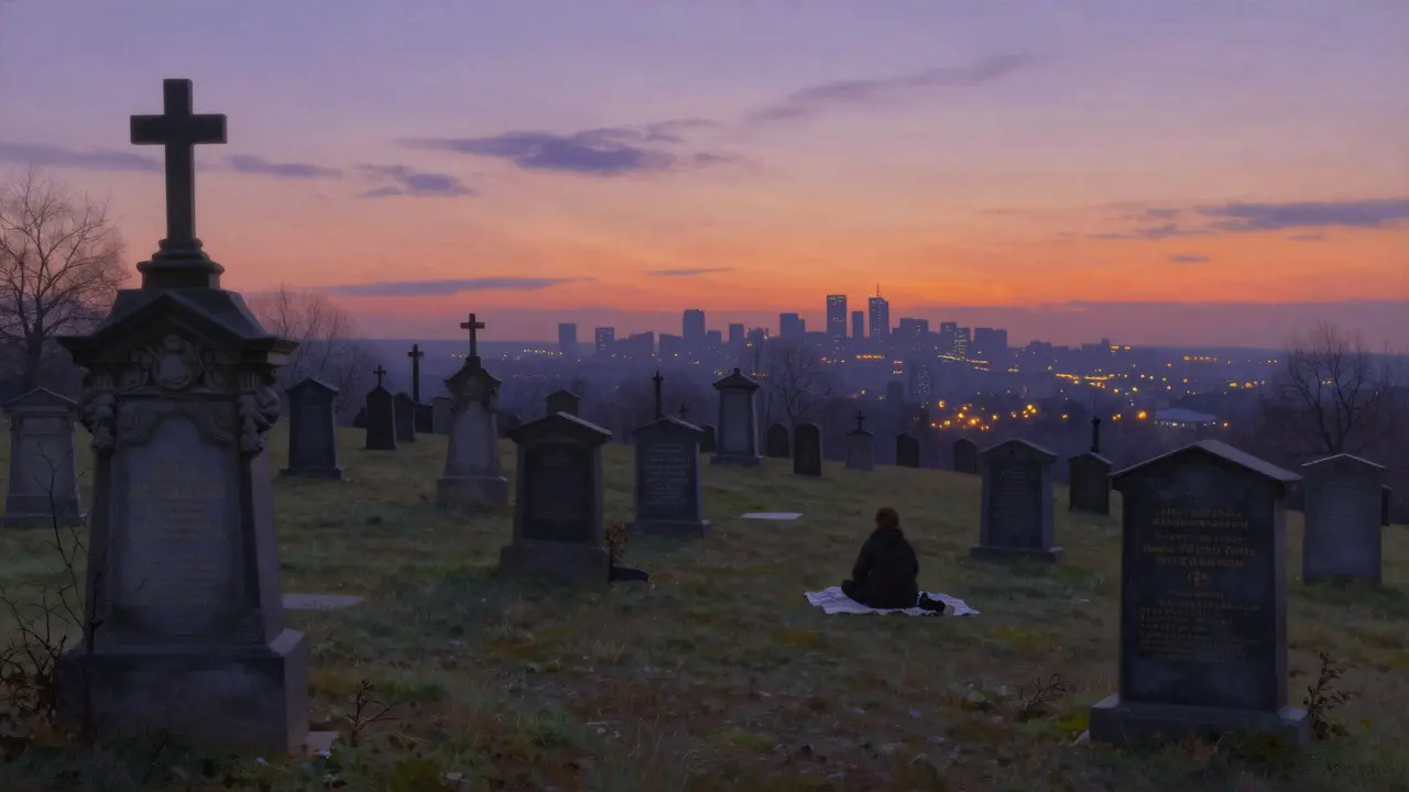 An old cemetery on a hill at sunset, overlooking Berlin's skyline with ornate gravestones and a solitary figure sitting peacefully.