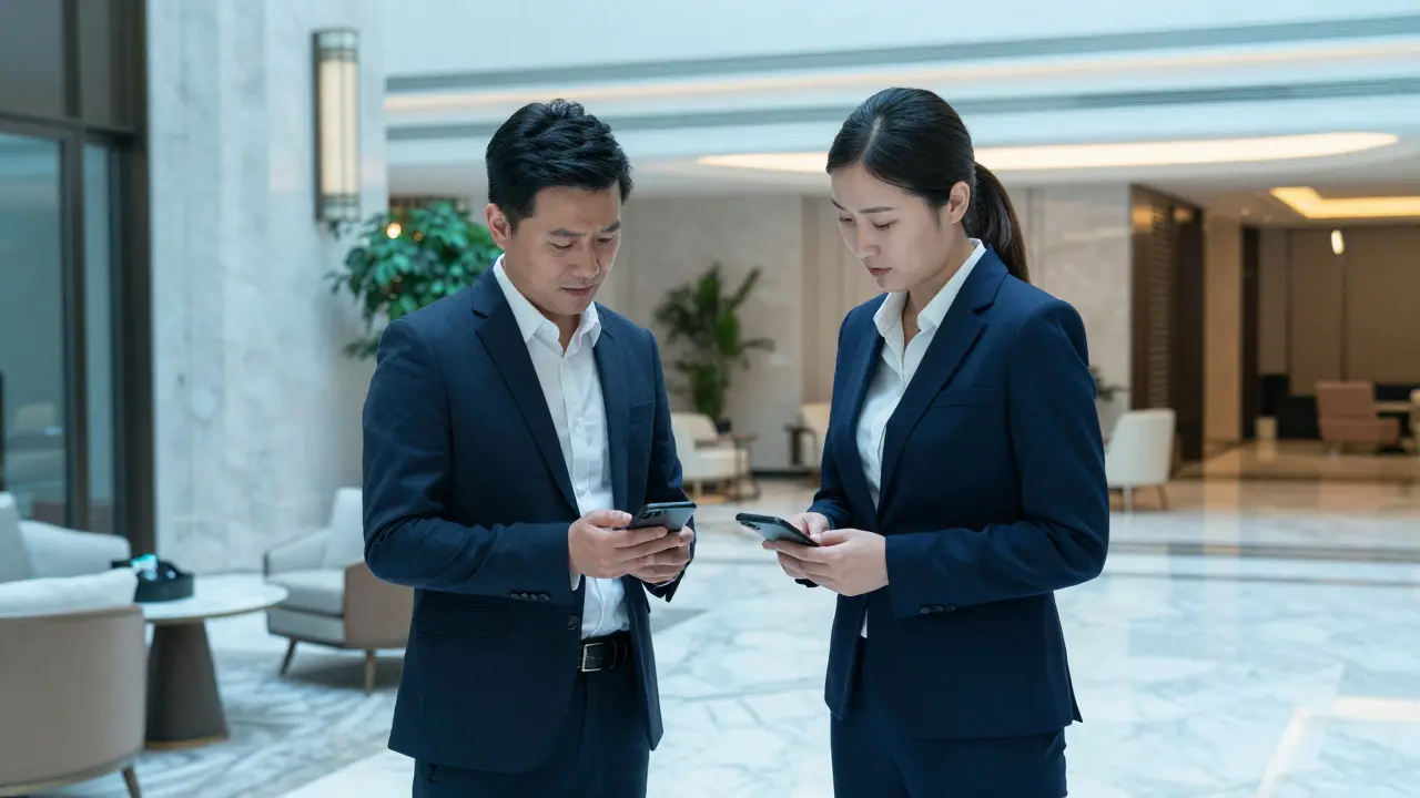 Client and companion meeting in hotel lobby, professional setting, phone held without screen.