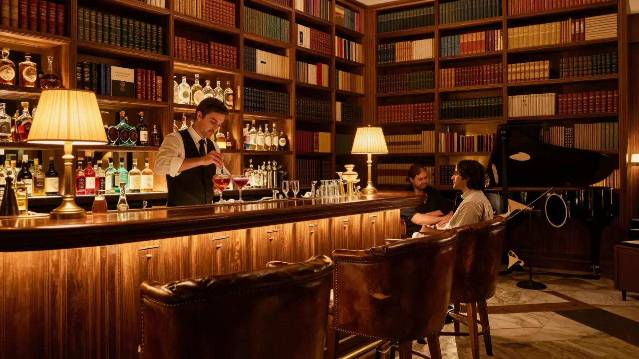 Cozy upscale bar with leather chairs, bookshelves, and a bartender mixing a cocktail under warm golden lighting.