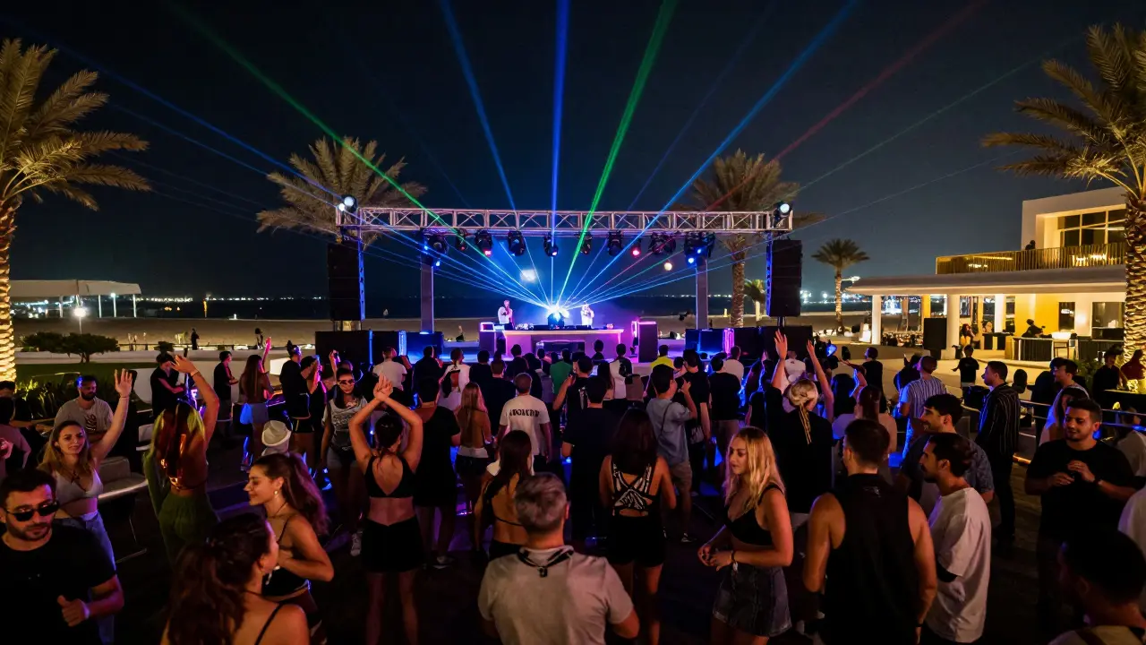 Crowd dancing outdoors at a vibrant Dubai nightclub under neon lights and stars.