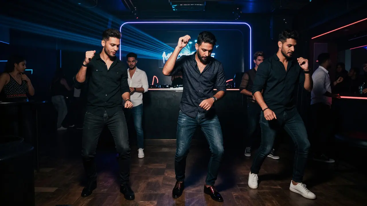 Dancers in a stylish nightclub with DJ and neon lights.