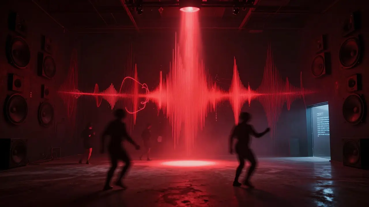 Dark underground club with pulsing sound waves and silhouetted dancers in crimson light.