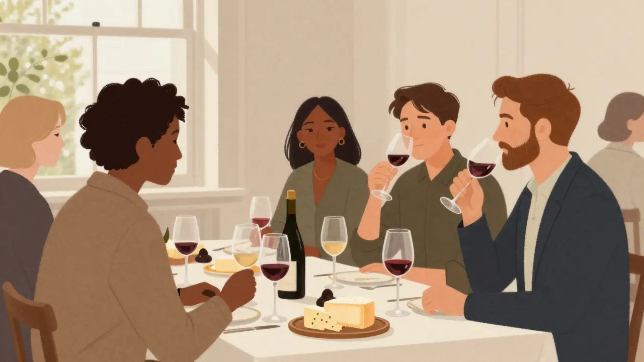 Group at social club event engaging in wine tasting, natural light, elegant table setting.