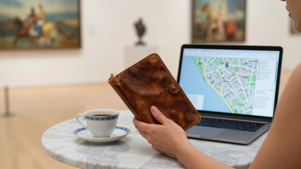 Hands holding a book and coffee cup on a marble table, with art and desert reflections in the background.