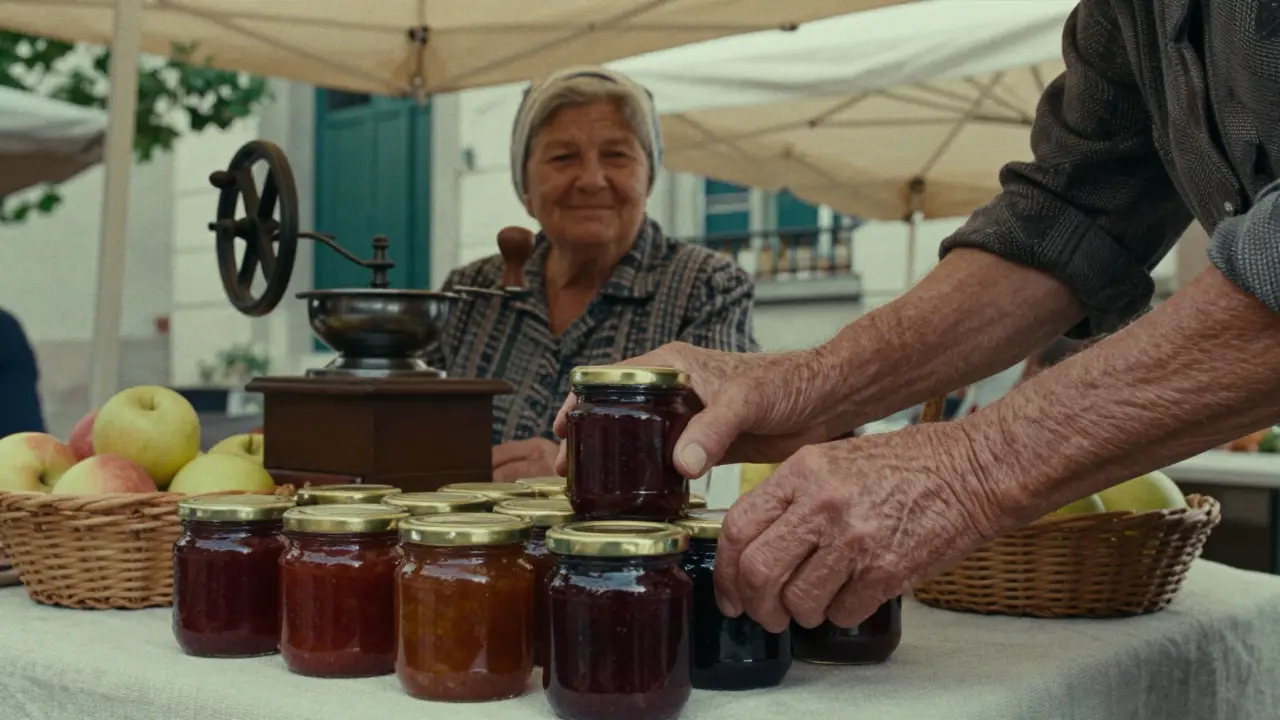 Hands placing homemade jam jars at a Sunday market with no signs, elderly vendor smiling softly in the background.