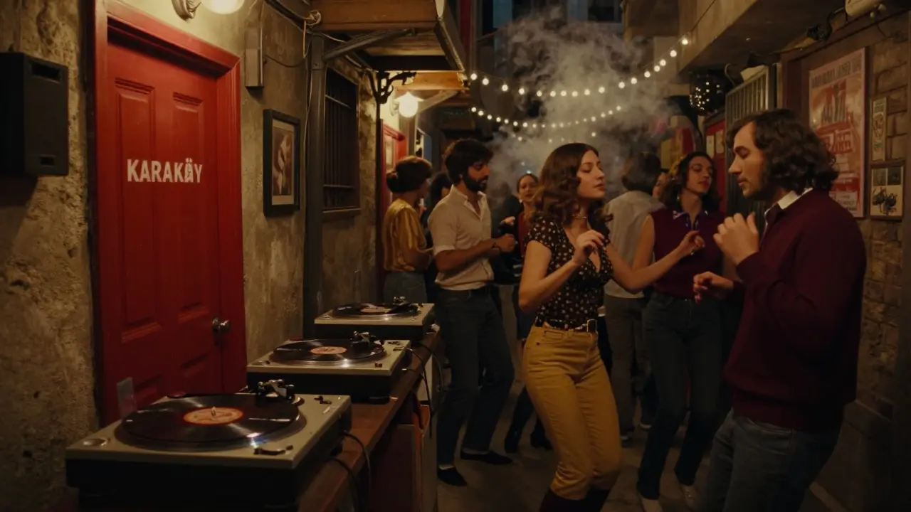 Hidden underground music venue in Karaköy with a red door, locals dancing to vintage Turkish disco records.