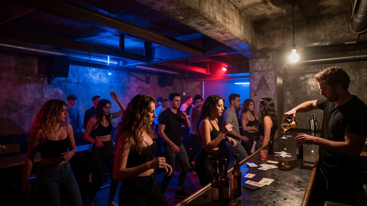 Industrial nightclub with strobing lights, dancers on concrete floor, and bare bulb overhead.