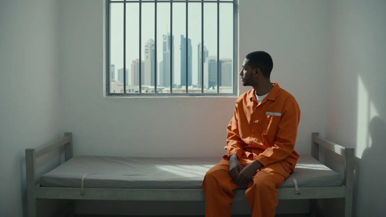 Inmate in prison cell viewing Abu Dhabi skyline through barred window