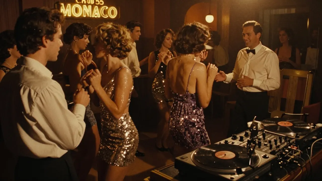 Intimate 90s-style nightclub with DJ, sequins, and dim lighting, bouncer letting someone in.