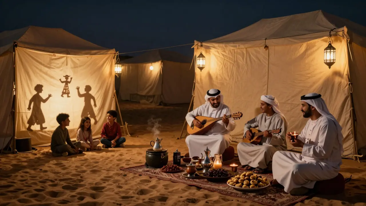 Lantern-lit night market with musicians, artisans, and children enjoying traditional Emirati culture.