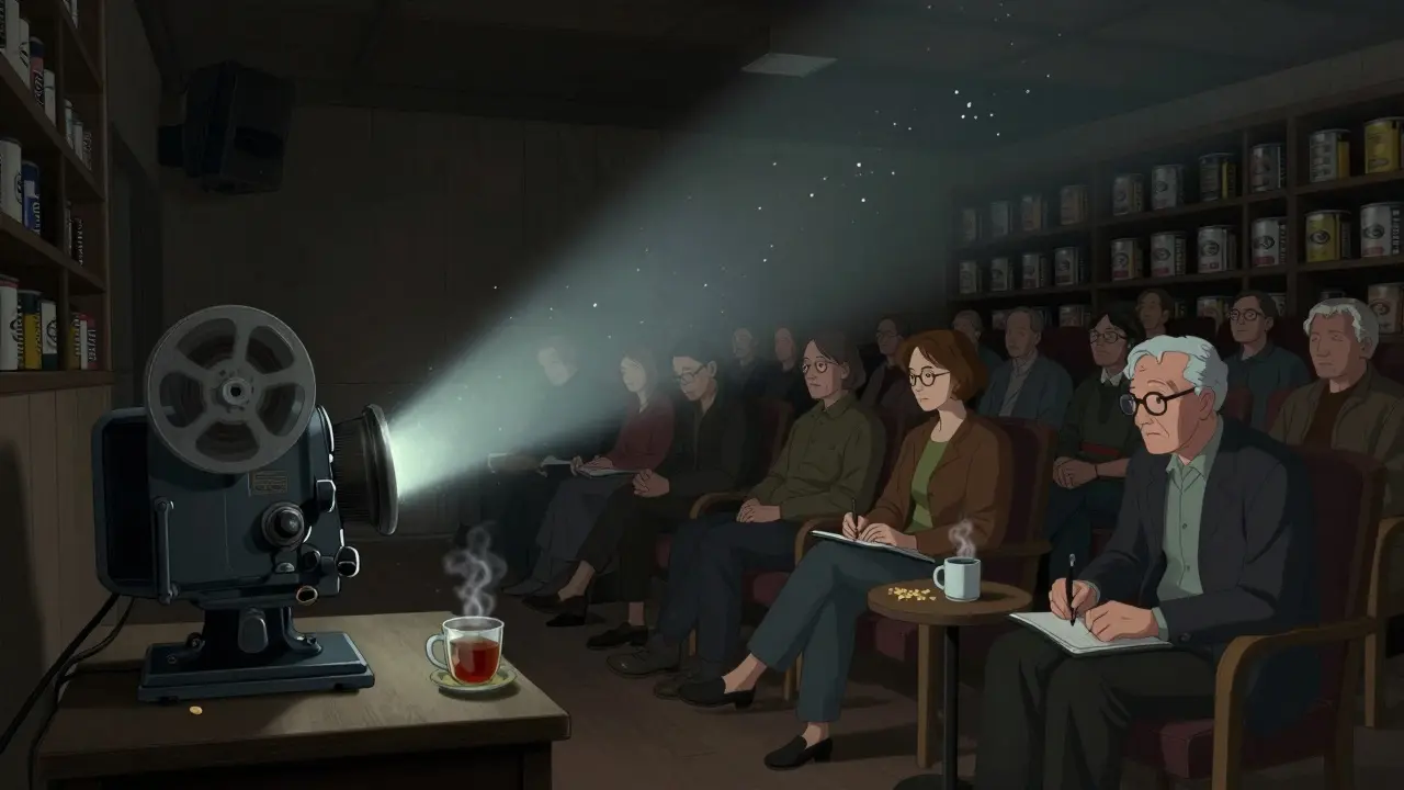 Quiet basement screening room with 16mm film projector and attentive viewers drinking tea.