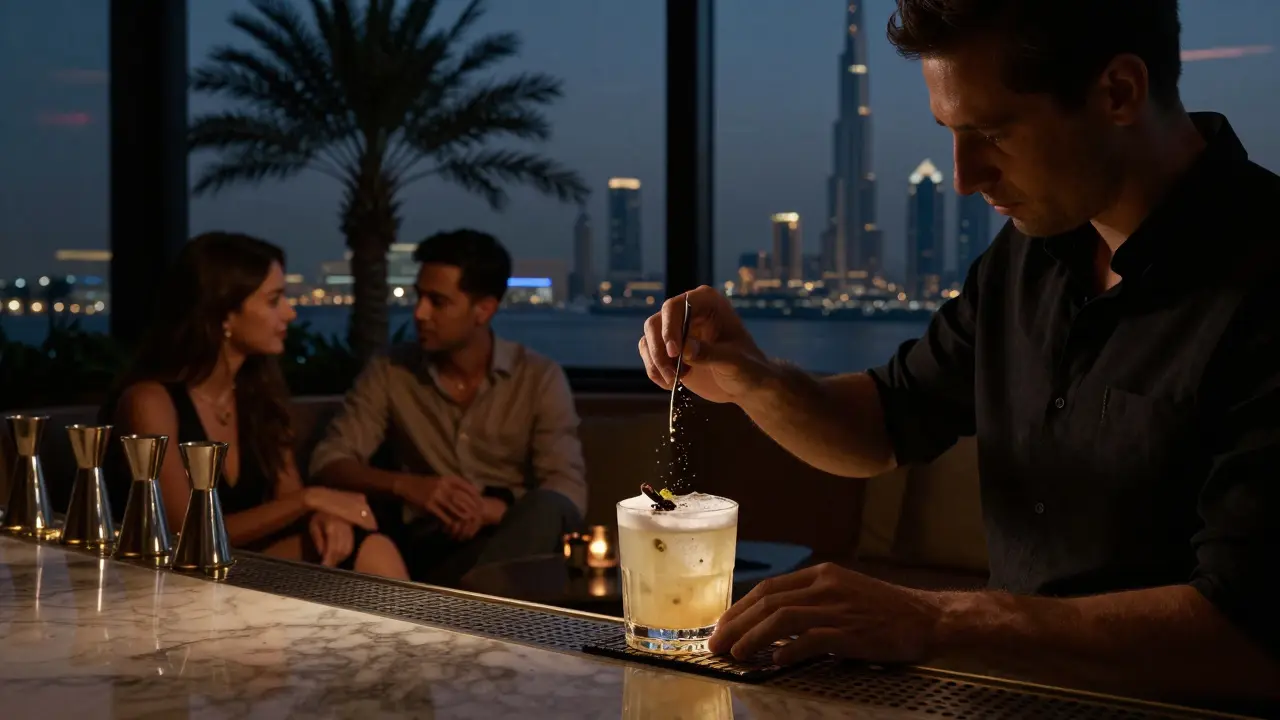 Quiet lounge with panoramic city view and bartender crafting a sophisticated cocktail.