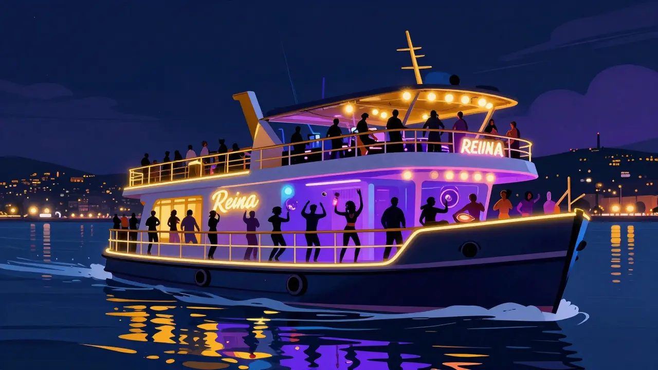 Reina nightclub floating on Bosphorus with neon lights and dancers at night.