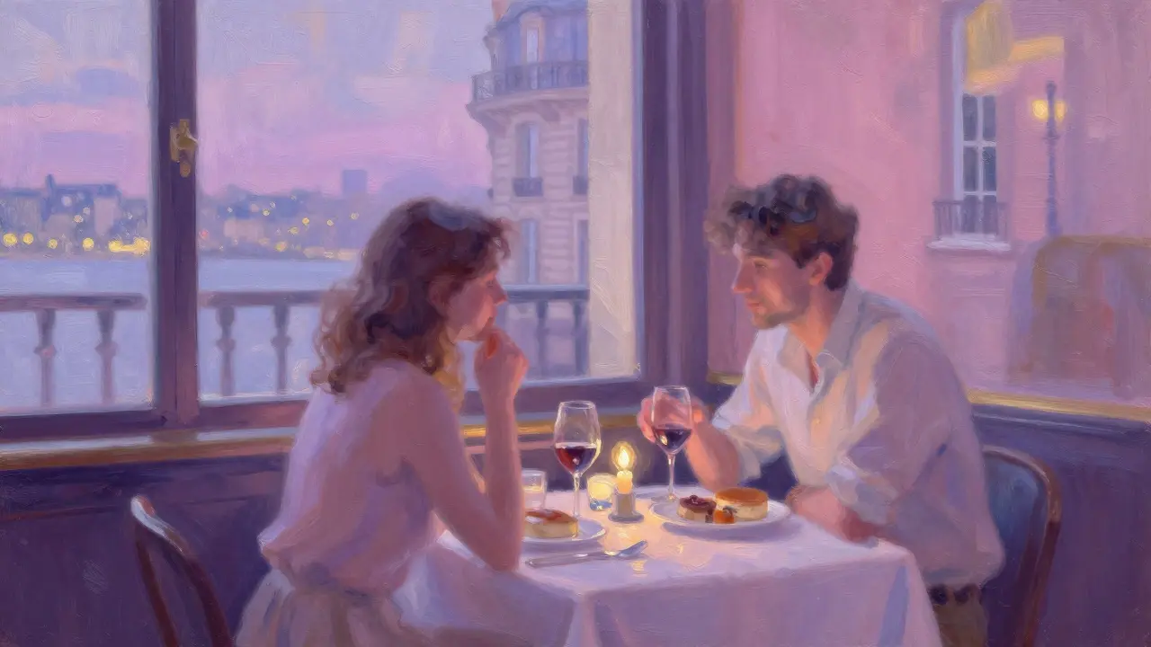 Romantic French bistro scene with couple sharing wine and foie gras.
