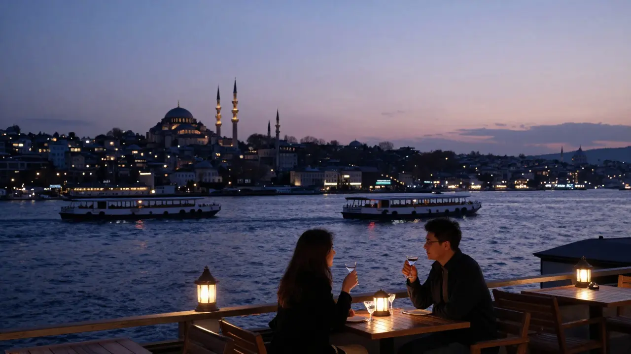 Rooftop bar at Four Seasons Hotel with couple sipping Raki as ferries glide across the Bosphorus at dusk.