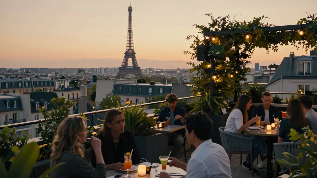 Rooftop bar scene with Paris skyline and Eiffel Tower at sunset.