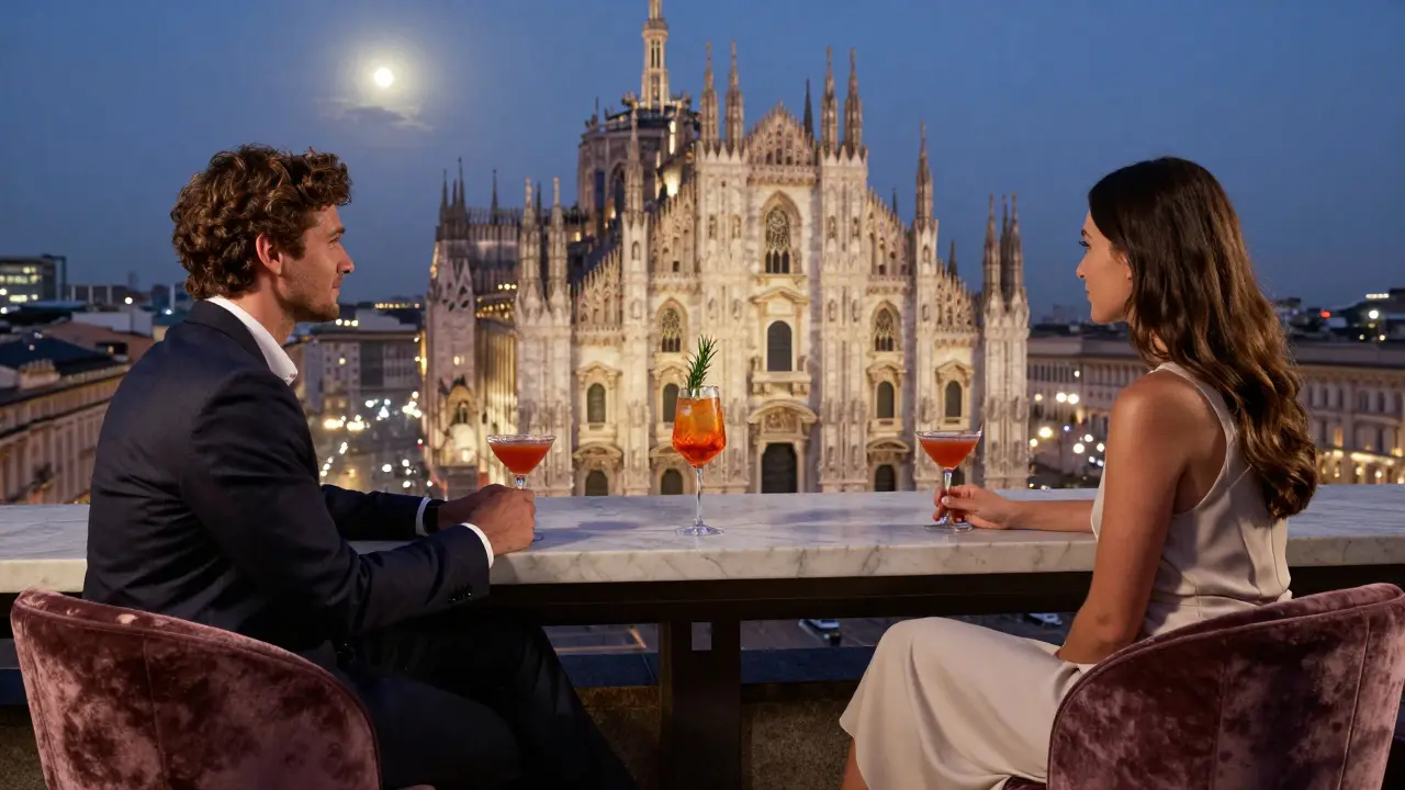 Rooftop bar with view of Milan’s Duomo, couples sipping cocktails under soft moonlight and city lights.