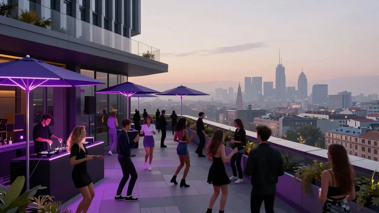 Rooftop club scene at dawn in Milan with dancers and city lights in the background.