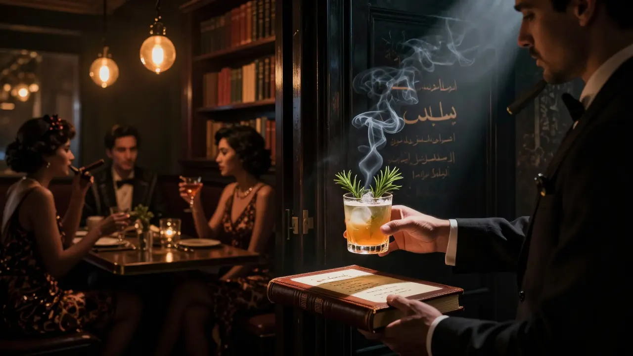 Secret underground lounge behind a bookshelf, dim lighting, patrons in vintage clothing sipping artisanal cocktails.